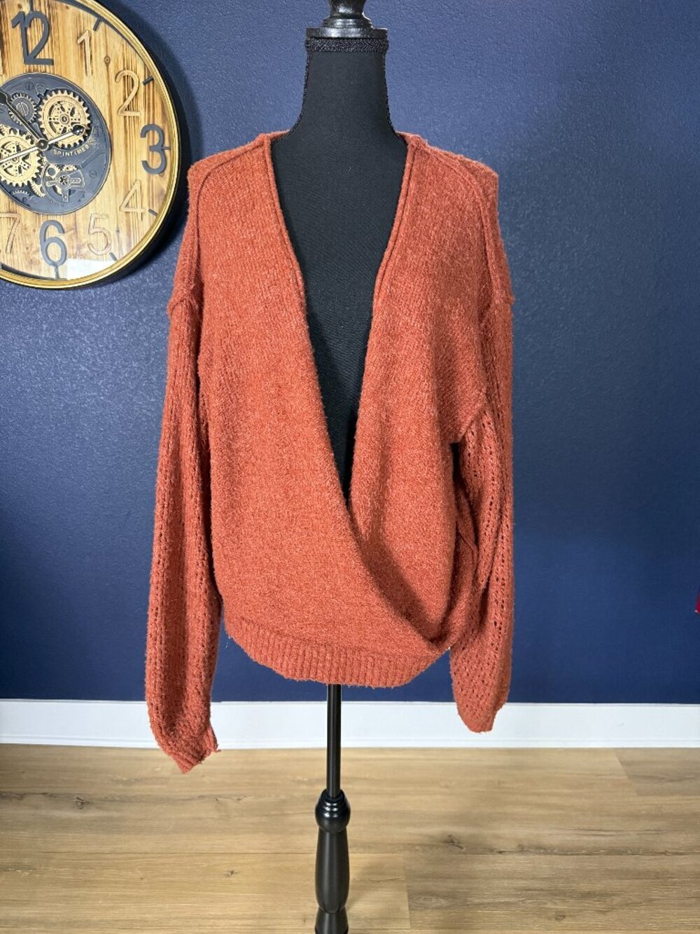 Free People Rust Wrap Front Drape Pointelle Knit Sweater | S